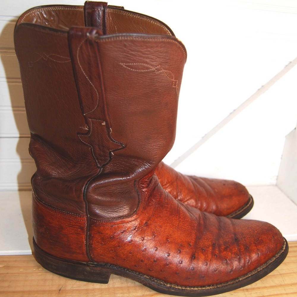 Mens Lucchese Boots size 9 Ostrich leather lower Western Boho Cowboy shoes
